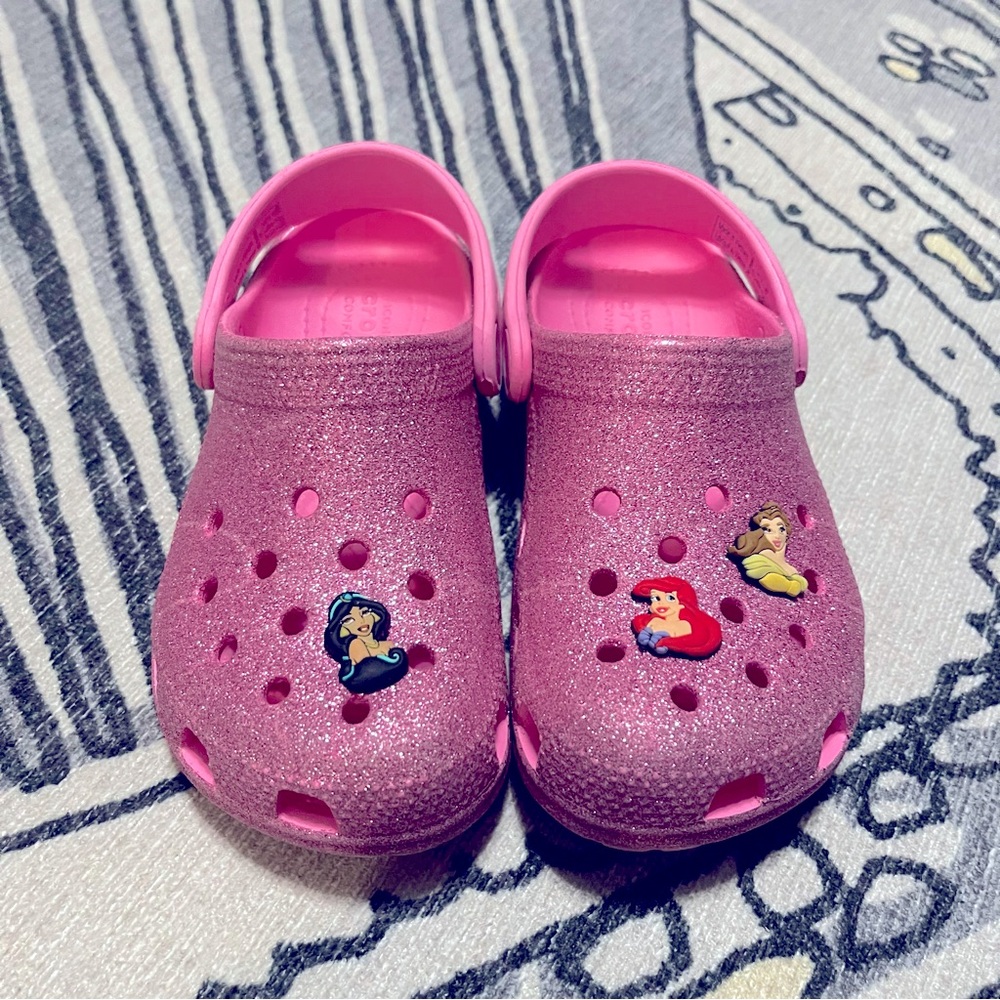 Kids Pink Glitter Classic Crocs with Princess Jibbitz Charms